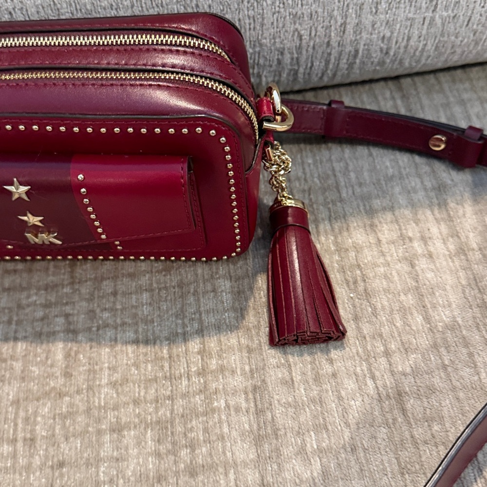 Michael Kors Wine studded camera Crossbody Bag with Gold Accents 4 x 7 - Picture 3 of 12
